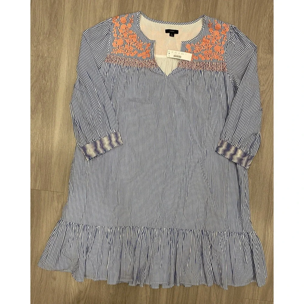 J.Crew Leda Embroidered Blue White Stripe Popover A-Line Dress Size L New NWT